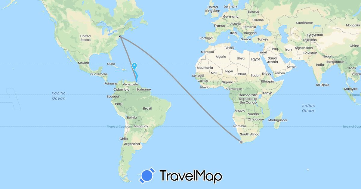 TravelMap itinerary: driving, bus, plane, boat in Dominica, France, Grenada, Guadeloupe, Saint Lucia, Saint Martin, Martinique, Trinidad and Tobago, United States, Saint Vincent and the Grenadines, South Africa (Africa, Europe, North America)